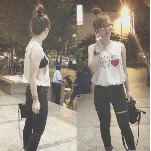 Yến Nhi tự tin khoe áo ngực với chiếc áo khoét nách sâu xuống tận thắt lưng. Ảnh: vietgiaitri.