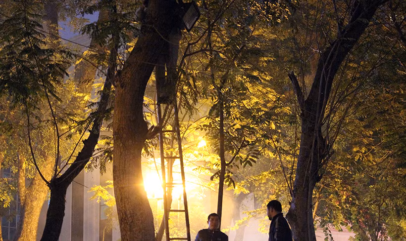 Đèn pha led được lắp ráp trên các cây xanh xung quanh khu vực hồ Thiền Quang, hướng chiếu sáng thẳng xuống mặt nước.