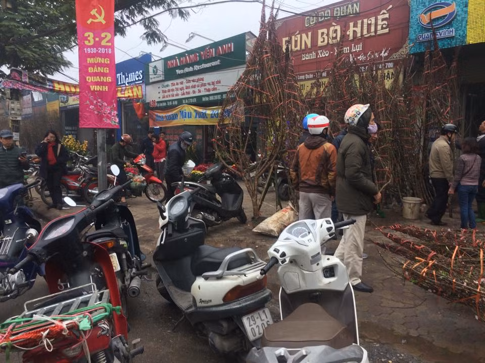 Một số địa điểm không được phép bán đào, quất ở đường Lạc Long Quân (thuộc Phường Nhật Tân), nhưng nhiều người vẫn "xẻ thịt" để trục lợi. Trong khi xe cộ dừng đỗ ngổn ngang, chắn hết lối đi.