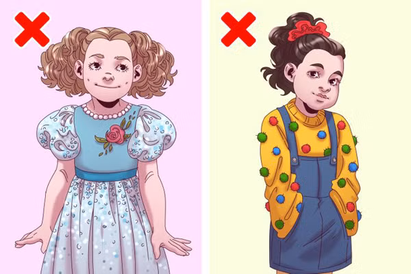 Trang phục có cúc, sequins và hạt. Chi tiết cúc, hạt cườm giúp áo trở nên bắt mắt hơn song có thể uy hiếp sự an toàn của trẻ. Đặc biệt những chi tiết này thường lấp lánh, kích thích sự tò mò của trẻ. Nó sẽ rất tai hại khi trẻ cho vào mũi, tai, miệng gây bít tắc đường thở.