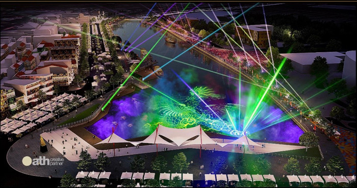 Điểm nhấn giữa lòng sông tạo một cảnh quan ấn tượng với người dân và du khách khi đến tham quan trải nghiệm ở phố đi bộ.