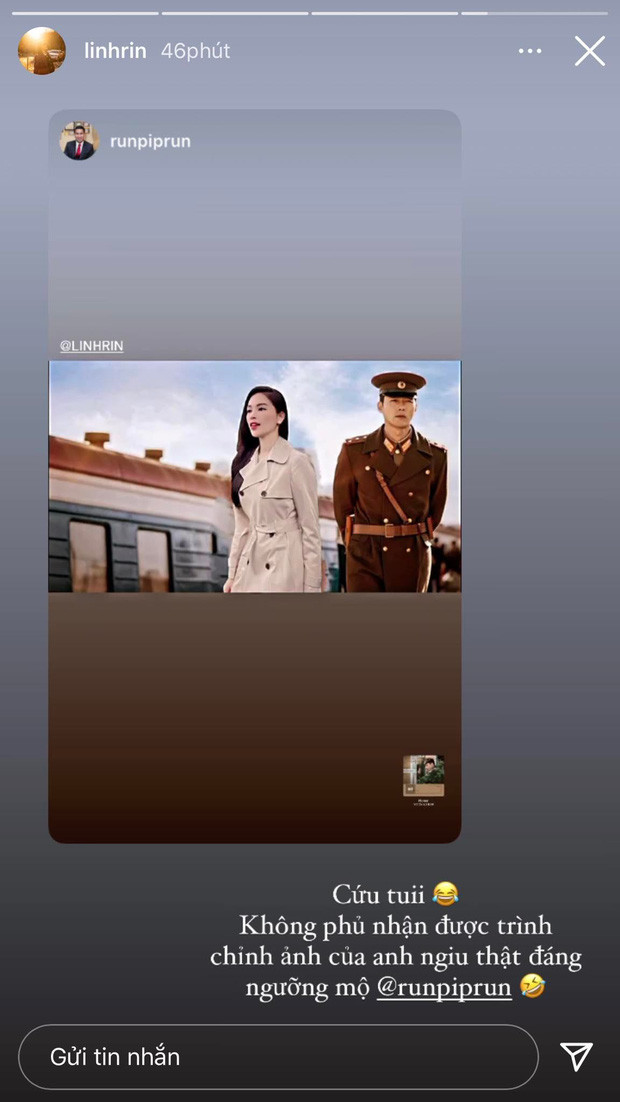Về phần mình, Linh Rin lại tỏ ra rất hào hứng với sản phẩm của bạn trai. Cô nàng còn reup lại story của Phillip Nguyễn cùng dòng trạng thái: "Cứu tui. Không phủ nhận được trình chỉnh ảnh của anh người yêu thật đáng ngưỡng mộ".