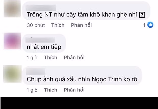 Bên dưới bài đăng, netizen liên tục để lại bình luận thể hiện sự hốt hoảng trước thân hình gầy gò tong teo của người đẹp: "Trông Ngọc Trinh như cây tăm khô khan ghê nhỉ", "Gầy thế"...