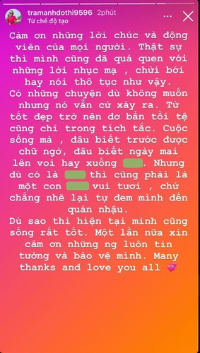Trước những vụ việc liên tiếp xảy ra này, Trâm Anh đã cảm ơn những người đã quan tâm, hỏi han cô sau sự việc, cô nàng vẫn sẽ luôn vui tươi và tự do chọn lựa người mình muốn ở cạnh.