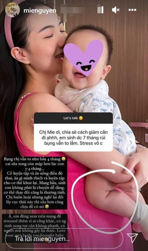Từ khi trở thành mẹ bỉm sữa, hot girl Mie Nguyễn chăm chỉ đăng ảnh khoe vóc dáng hơn, đồng thời có nhiều chia sẻ về chuyện chăm con, giữ dáng sau sinh.