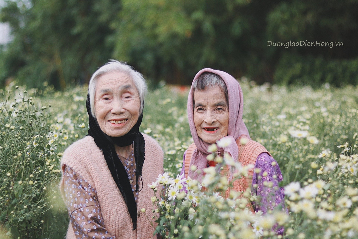 Đôi bạn già thân thiết ngại ngùng trao cho nhau những bông hoa để rồi cùng nhau cười ngặt nghẽo.