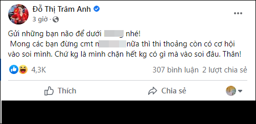 Cách đó không lâu, người đẹp xứ Thanh đã chia sẻ một trạng thái khác trên trang cá nhân, với nội dung gay gắt không kém. Theo đó, Trâm Anh thể hiện sự bức xúc khi liên tục bị soi mói, comment khiếm nhã.