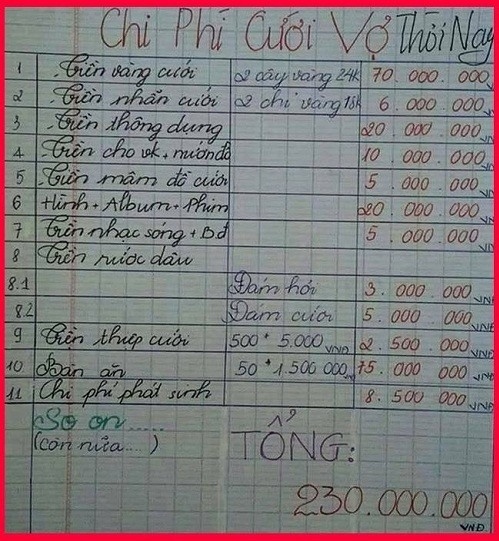 Bảng thống kê chi phí cưới này cũng là một cửa ải khó khăn trên chặng đường "vượt ế". Ảnh: Tổng hợp