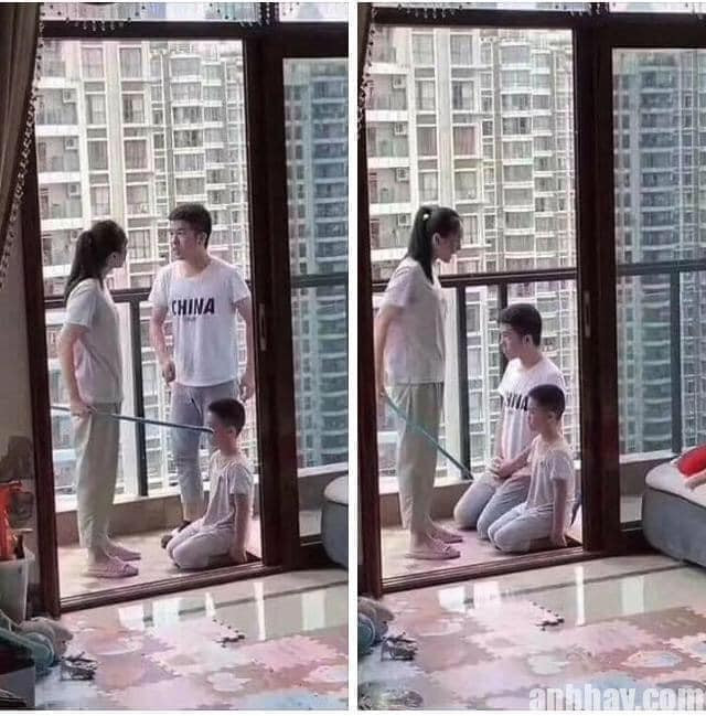 Không biết vì lý do gì mà cả chồng và con trai đều bị "xử" dưới tay vợ đảm, mẹ hiền như thế này.