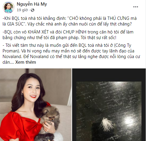 Mới đây, hot girl Sam (tên thật là Nguyễn Hà My) đăng tải lên mạng xã hội câu chuyện bản thân bị BQL một chung cư cao cấp ở Sài Gòn liên tục gây bất lợi cho cô nàng trong suốt thời gian sinh sống, đặc biệt là vấn đề "ép" phải chuyển nhà do liên quan đến việc nuôi chó trong chung cư.
