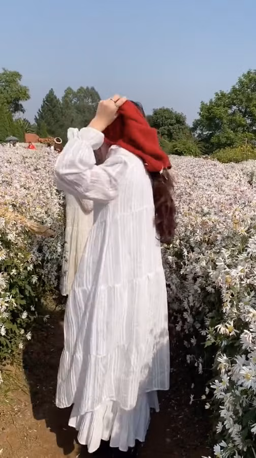 Theo đoạn clip, cô gái đã mặc chiếc áo dài choàng phía ngoài và lần lượt lột áo bên trong và thay đồ tại đây để chuẩn bị chụp ảnh cúc họa mi.