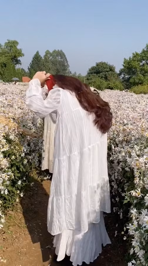 Mạng xã hội mới đây lan truyền rộng rãi đoạn clip ghi lại cảnh một cô gái trẻ xinh đẹp ở vườn cúc hoạ mi thay đồ có lẽ để chụp ảnh.