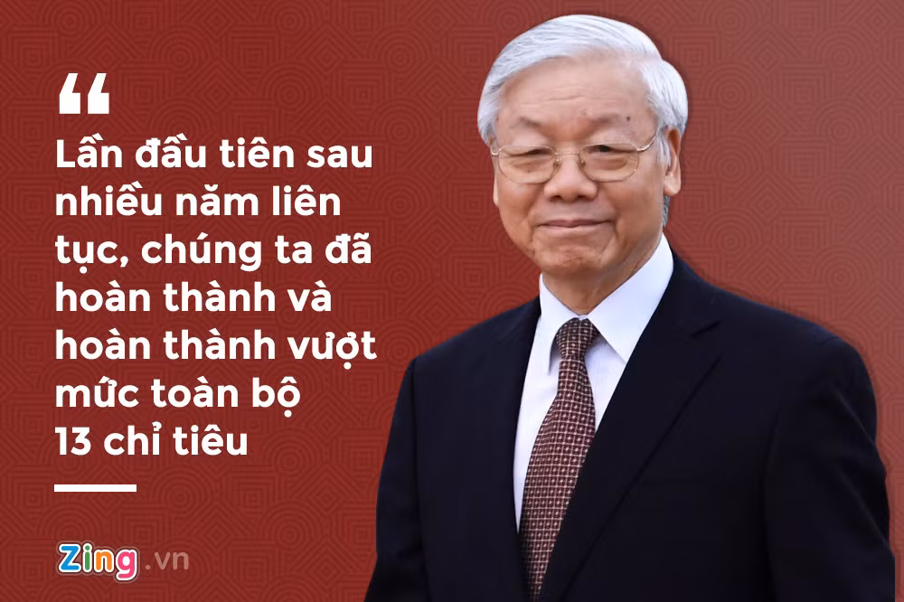 Trước ý kiến cho rằng, nếu quá tập trung vào phòng, chống tham nhũng, xây dựng, chỉnh đốn Đảng, sẽ làm "chùn", làm "chậm" sự phát triển, Tổng bí thư cho hay thực tế năm 2017 đã cho câu trả lời. Lần đầu tiên sau nhiều năm liên tục, trong bối cảnh nhiều khó khăn thách thức, chúng ta đã hoàn thành và hoàn thành vượt mức toàn bộ 13 chỉ tiêu kinh tế - xã hội.