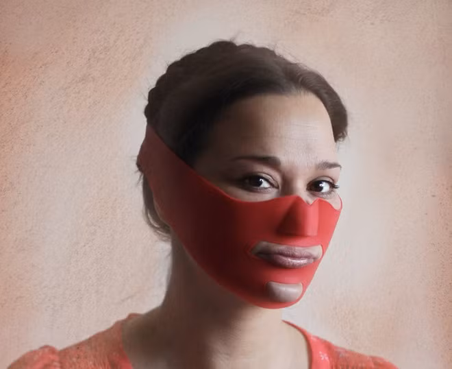 Chiếc mặt nạ màu đỏ này là dụng cụ làm đẹp khiến nhiều người liên tưởng tới một bộ phim kinh dị. Thực chất, đây là một dụng cụ được cho là có thể giúp nâng cơ mặt, tránh chảy xệ và làm gương mặt thon gọn hơn.