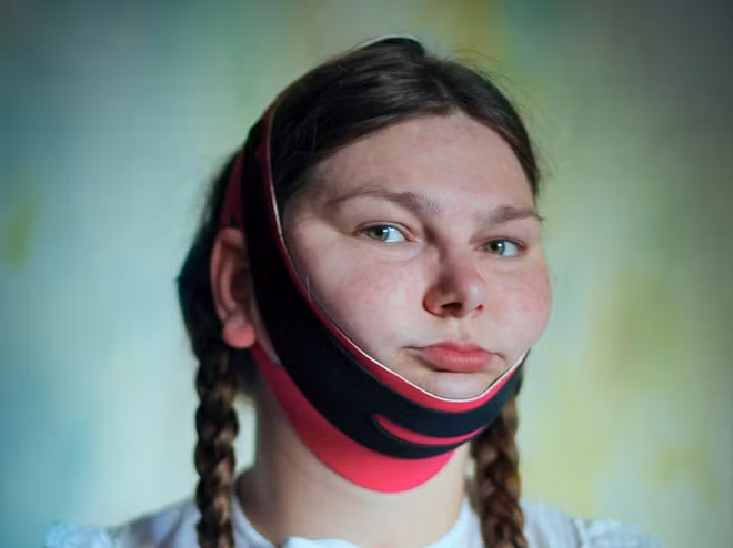 Mặt nạ đàn hồi này được cho là có khả năng xóa bỏ bọng mỡ dưới cằm. 