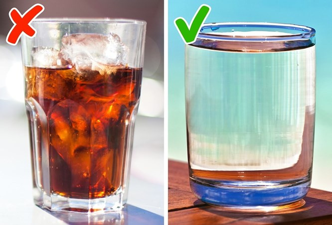  7. Đồ uống lạnh Thức uống lạnh thuộc bất kỳ loại nào đều có thể gây kích thích dạ dày và ruột. Bạn nên chú ý đến đồ uống có ga lạnh, vì chúng dẫn đến đầy hơi và cảm giác khó chịu trong dạ dày. Nên uống một ly nước ấm vào buổi sáng trước khi ăn sáng vì nó cải thiện hệ thống tiêu hóa, lưu thông, và giúp giảm cân. 