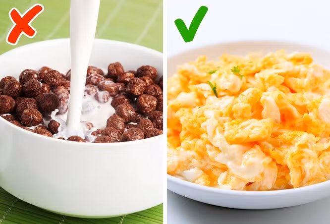  9. Ngũ cốc Một bát ngũ cốc có thể là một bữa ăn thuận tiện cho bữa sáng, nhưng lượng đường và tinh bột trong ngũ cốc khá lớn và khiến bạn có cảm giác thèm ăn chỉ sau vài giờ.Một nghiên cứu năm 2013 đã so sánh người béo phì bỏ bữa sáng với những người ăn ngũ cốc và những người ăn trứng vào bữa sáng. Những người tham gia dùng bữa sáng nhiều protein với trứng sẽ cảm thấy no lâu hơn và ít thèm ăn nhẹ hơn hai nhóm kia. Hãy suy nghĩ về điều này nếu lần tới bạn băn khoăn giữa việc chọn trứng chiên hay ngũ cốc cho bữa sáng. 
