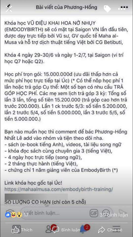 Nhiều thông tin trên mạng đăng tải lớp học 15 triệu đồng do facebooker Lê Nhất Phương Hồng khởi xướng.