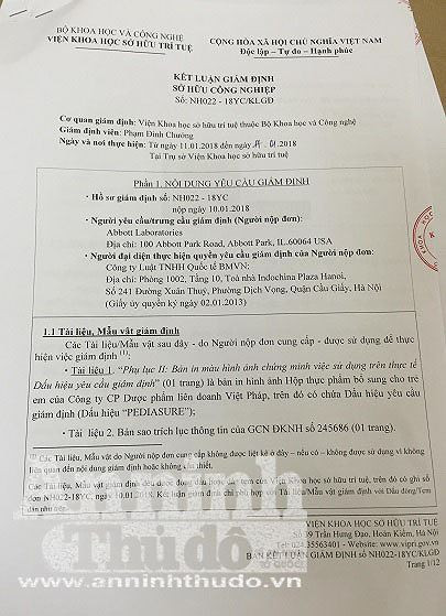 Tuy nhiên, trước đó, đại diện phía Abbott Hoa Kỳ đã gửi đơn xin giám định sở hữu công nghiệp đến Viện Khoa học sở hữu trí tuệ yêu cầu giám định đối với các sản phẩm nêu trên.