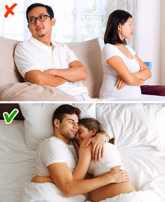 Quan niệm 4: "Yêu" khi mang thai có thể làm tổn thương em bé. Đây có thể là lầm tưởng phổ biến nhất với phụ nữ mang thai. Nhiều người nghĩ rằng quan hệ tình dục sẽ gây hại thai nhi, khiến phụ nữ thấy khó chịu. Nhưng nếu người mẹ cảm thấy thoải mái, điều đó không gây hại gì. Thậm chí, "yêu" thường xuyên còn có lợi cho sức khỏe như tăng cường cơ vùng chậu, kích thích cảm xúc tích cực cho người mẹ.