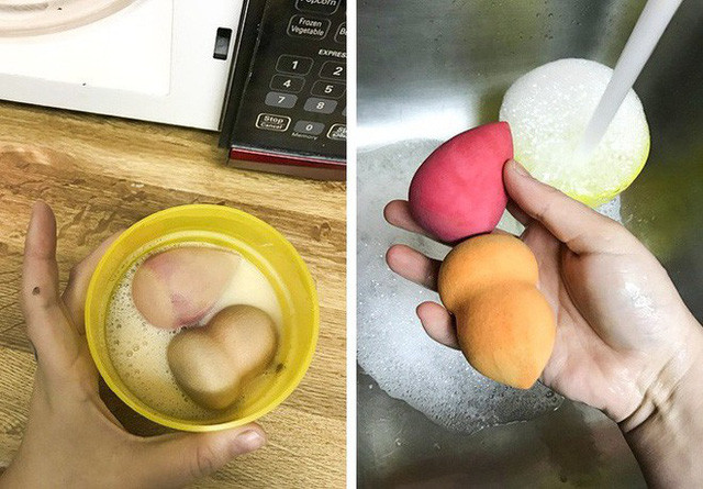 10. Làm sạch mút trang điểm với lò vi sóng Chỉ cần ngâm mút trang điểm vào trong một bát nước xà phòng, sau đó đặt trong lò vi sóng 1 phút. Khi lấy ra, bạn sẽ thấy một điều tuyệt vời đó là miếng mút trang điểm đã sạch bong. Việc bạn cần làm chỉ là rửa sạch lại bằng nước mà thôi.