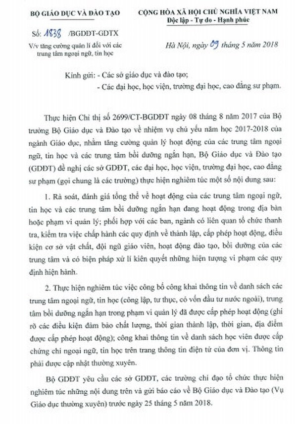 Sau vụ cô giáo chửi học viên là "con lợn", Bộ GD-ĐT yêu cầu tăng cường thanh, kiểm tra việc cấp phép và hoạt động của các trung tâm ngoại ngữ.