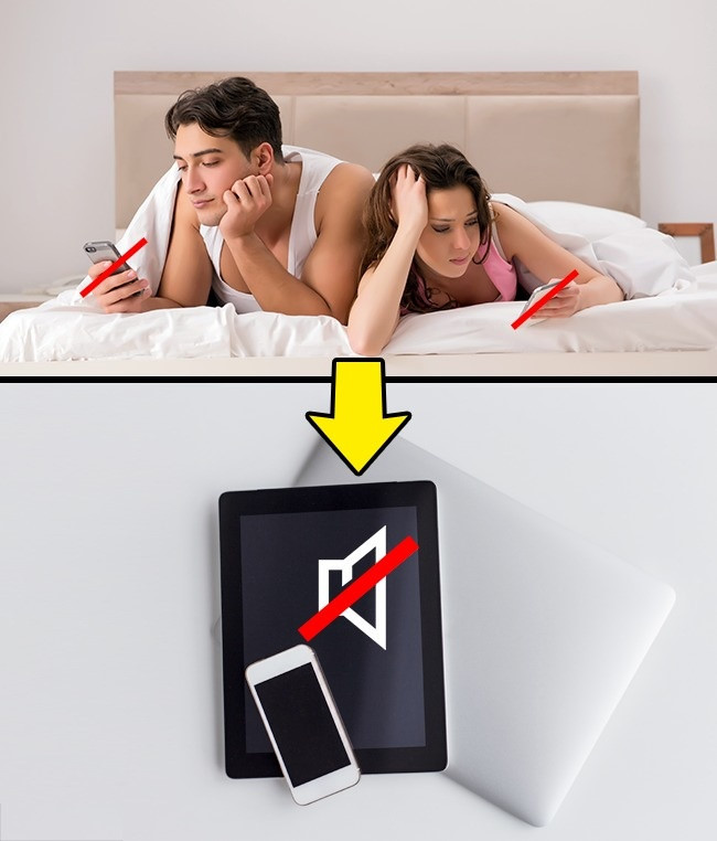  1. Tắt điện thoại hoặc đặt chế độ im lặng: Sự phụ thuộc vào mạng xã hội ngăn chặn quá trình giải phóng oxytocin trong cơ thể. Hormone này chịu trách nhiệm về sự thâm mật và liên kết cảm xúc giữa con người với con người. Nhà tâm lý trị liệu người Mỹ Carol Carey khuyên bạn nên tắt điện thoại trước 21h hoặc đặt nó cách xa giường ngủ nếu muốn giữ mối quan hệ hạnh phúc.