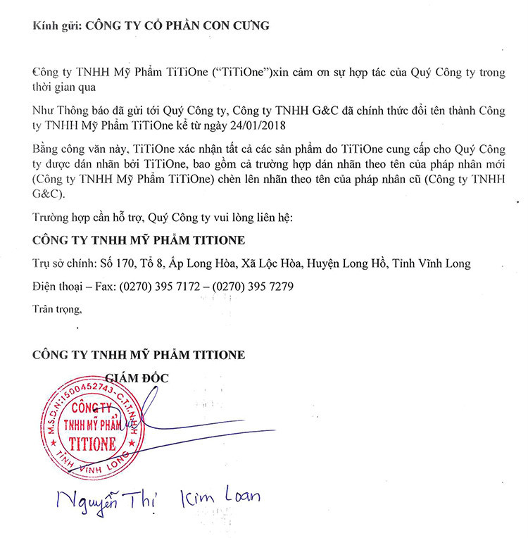 Bằng chứng Con Cưng đưa ra về việc Công ty TNHH Mỹ Phẩm TiTiOne thông báo thay đổi thông tin sản phẩm. Ảnh: Con Cưng cung cấp.
