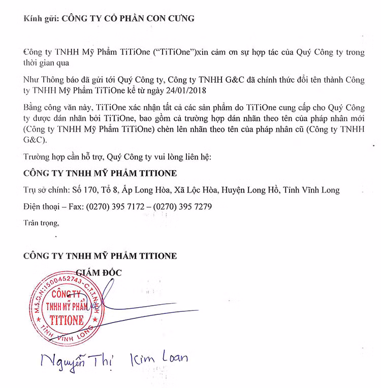 Bằng chứng Con Cưng đưa ra về việc Công ty TNHH Mỹ Phẩm TiTiOne thông báo thay đổi thông tin sản phẩm. Ảnh: Con Cưng cung cấp.