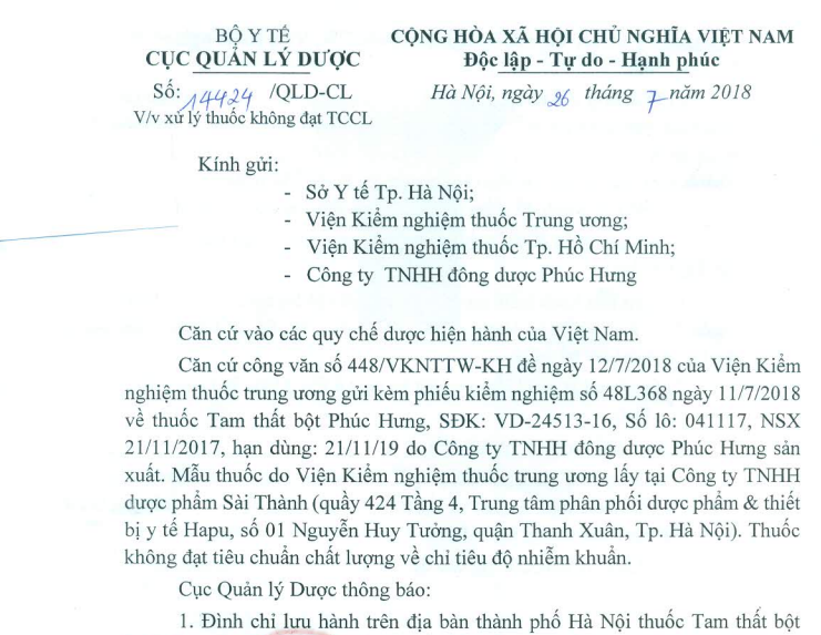 Công văn đình chỉ lưu hành một lô thuốc Tam thất bột Phúc Hưng của Công ty TNHH Đông dược Phúc Hưng của Cục Quản lý Dược.