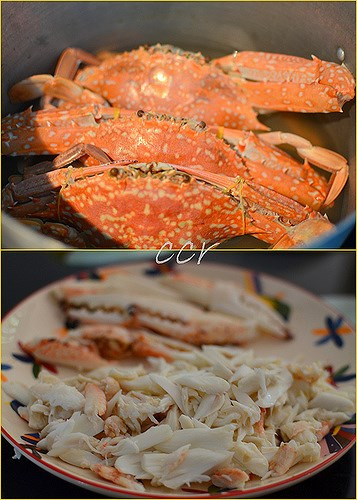 Chế biến bánh canh ghẹ: Bước 1: Ghẹ rửa sạch, luộc chín, bóc vỏ lấy thịt. Riêng phần càng chỉ bóc chút vỏ, giữ nguyên hình càng ghẹ để trình bày tô bánh canh cho đẹp. Tôm rửa sạch, cắt đầu và râu.