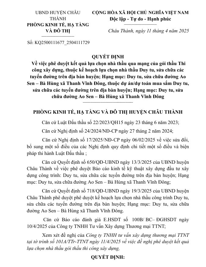 Long An: Một ngày, Cty An Lộc Long trúng 2 gói xây lắp tại Châu Thành Long An: Mot ngay, Cty An Loc Long trung 2 goi xay lap tai Chau Thanh