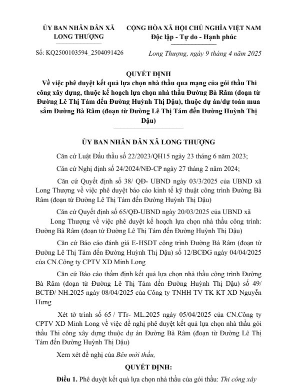 Long An: Cty Minh Tung trung goi thau thi cong duong Ba Ram