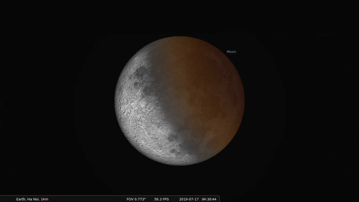 Nguyệt thực lần này có thể quan sát trên khắp Châu Âu, châu Phi, Trung Á và và vùng Ấn Độ Dương. Ảnh mô phỏng trên phần mềm Stellarium