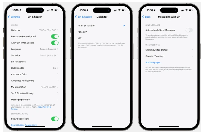 Trợ lý ảo Siri cũng nhận được nâng cấp nhỏ. Với iOS 17.4, người dùng có thể kích hoạt Siri bằng cách nói “Siri” thay vì “Hey Siri”. Ngoài ngôn ngữ chính mà người dùng lựa chọn, Siri còn có thể đọc to tin nhắn bằng nhiều ngôn ngữ bổ sung. Người dùng có thể thêm các ngôn ngữ được hỗ trợ cho Siri đọc bằng cách vào Settings &gt; Siri &amp; Search &gt; Messaging with Siri. Ảnh: MacStories.