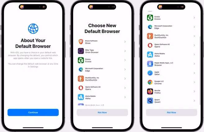 Nhằm tuân thủ Đạo luật Thị trường Kỹ thuật số (DMA) của Liên minh châu Âu (EU), kể từ iOS 17.4, người dùng iPhone tại EU còn có thể chọn trình duyệt mặc định ngay trong lần đầu sử dụng Safari, cũng như thay đổi dịch vụ thanh toán bằng chip NFC từ Apple Pay sang hệ thống khác. Ảnh: MacStories.