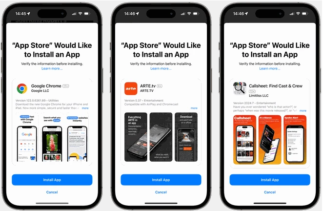 Cũng từ phiên bản này, người dùng tại EU có thể tải kho ứng dụng thay thế từ website của nhà phát triển. Trước khi tải xuống, ứng dụng sẽ cung cấp lời giới thiệu, ảnh chụp màn hình và tên nhà phát triển cho người dùng. Để cài đặt, kho ứng dụng cần trải qua quy trình phê duyệt của Apple. Khi cài xong, người dùng có quyền chọn chúng làm kho ứng dụng mặc định. Ảnh: MacStories.