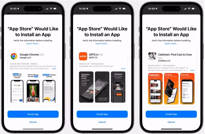 Cũng từ phiên bản này, người dùng tại EU có thể tải kho ứng dụng thay thế từ website của nhà phát triển. Trước khi tải xuống, ứng dụng sẽ cung cấp lời giới thiệu, ảnh chụp màn hình và tên nhà phát triển cho người dùng. Để cài đặt, kho ứng dụng cần trải qua quy trình phê duyệt của Apple. Khi cài xong, người dùng có quyền chọn chúng làm kho ứng dụng mặc định. Ảnh: MacStories.