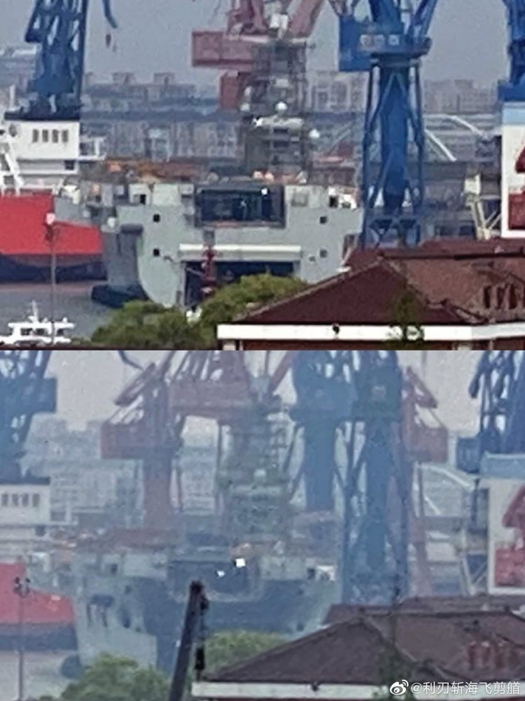 Hai bức hình chụp cùng từ một khoảng cách so sánh thiệt hại của tàu Type 075 trước và sau khi xảy ra vụ cháy. May mắn là có vẻ như phần kiến trục thượng tầng không bị ảnh hưởng. Nguồn ảnh: BMDP.