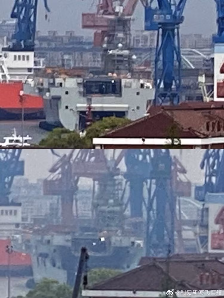 Hai bức hình chụp cùng từ một khoảng cách so sánh thiệt hại của tàu Type 075 trước và sau khi xảy ra vụ cháy. May mắn là có vẻ như phần kiến trục thượng tầng không bị ảnh hưởng. Nguồn ảnh: BMDP.