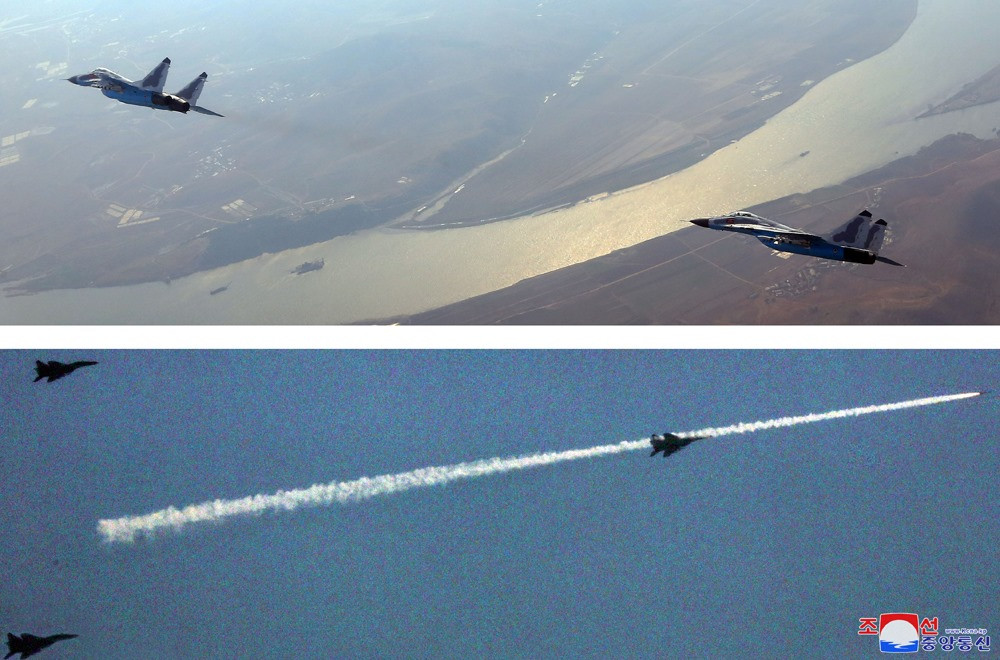 Tiêm kích MiG-29 của Triều Tiên tiến hành khai hoả tấn công mục tiêu bay giả định. Nguồn ảnh: KCNA.