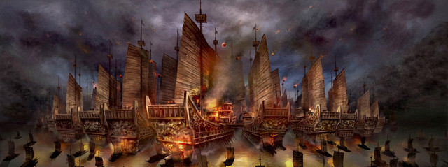 Do các chiến thuyền bị buộc dây xích sắt vào nhau nên đám lửa nhanh chóng lan rộng. Vụ cháy khiến quân Tào Tháo khó khống chế hơn khi có sự xuất hiện của "gió Đông" (tức hướng gió thuận lợi cho đám cháy bùng phát nhanh, dữ dội hơn).