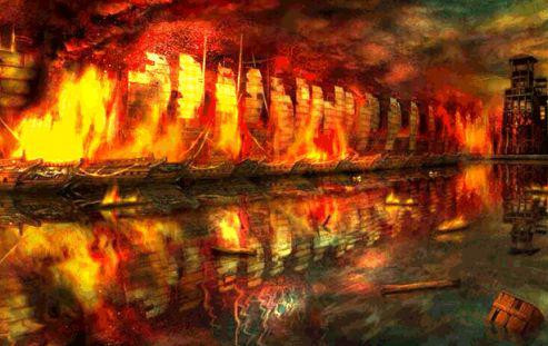 Sau khi đến gần thủy trại của quân Tào thì lực lượng của Hoàng Cái bất ngờ phóng hỏa tấn công các chiến thuyền của quân địch.