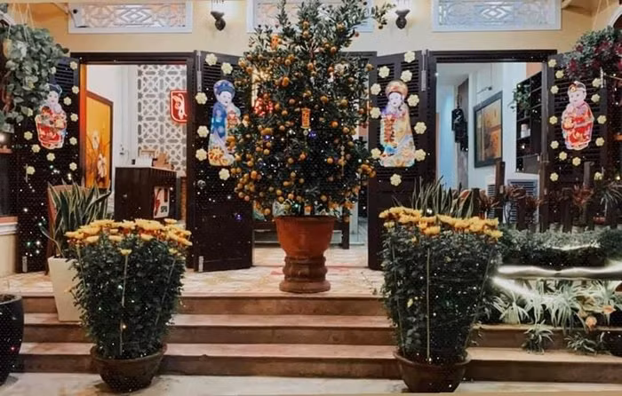 Trước nhà của Hoa hậu Tiểu Vy được trang trí bằng hai chậu cúc và một chậu quất chuẩn ‘siêu to khổng lồ’