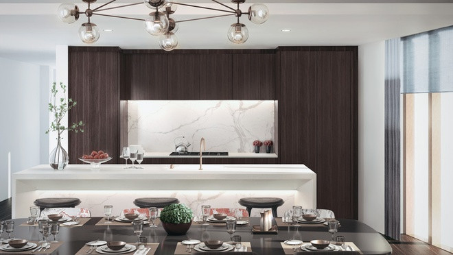 Nhà bếp rộng rãi với những trang thiết bị hiện đại, được tích hợp cùng một khu vực ăn uống trang nhã, ấm cúng.