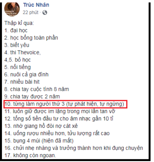 Ca si Truc Nhan bat ngo thua nhan tung lam nguoi thu ba