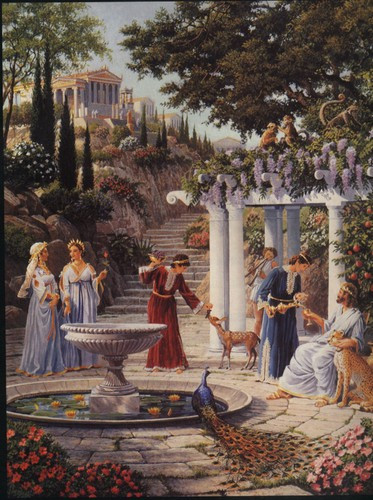 Bức tường bao quanh được xây dựng bằng đá đỏ, trắng và đen và trang trí kim loại quý. Điều này cho thấy Atlantis giàu có như thế nào.