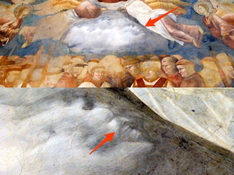Nhà sử học nghệ thuật Chiara Furgoni đã phát hiện ra một khuôn mặt ẩn giấu giữa những đám mây trong bức bích họa của họa sĩ Giotto tại Thánh đường Basilica of St Francis ở Assisi, Italy năm 2011, 700 năm sau khi bức tranh được hoàn thành.