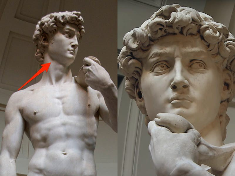 Dựa vào góc nhìn bức tượng David của Michelangelo, bạn có thể thấy 2 câu chuyện hoàn toàn khác nhau. Nếu nhìn từ dưới lên, biểu cảm trên gương mặt của David có vẻ khá bình tĩnh và ôn hòa nhưng khi nhìn thẳng vào khuôn mặt của bức tượng, David rõ ràng đang có biểu cảm sợ hãi, hoặc có lẽ là tức giận.