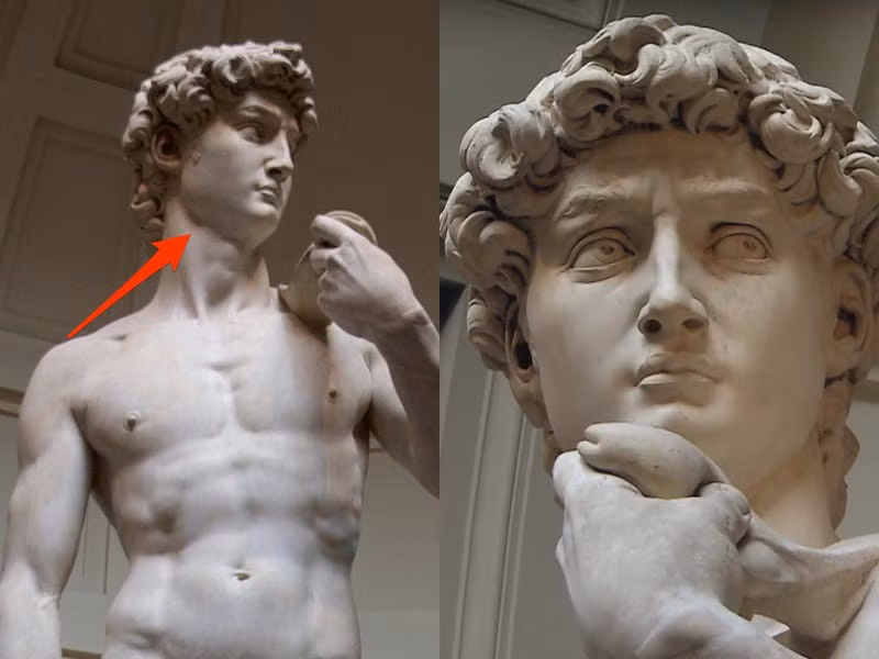 Dựa vào góc nhìn bức tượng David của Michelangelo, bạn có thể thấy 2 câu chuyện hoàn toàn khác nhau. Nếu nhìn từ dưới lên, biểu cảm trên gương mặt của David có vẻ khá bình tĩnh và ôn hòa nhưng khi nhìn thẳng vào khuôn mặt của bức tượng, David rõ ràng đang có biểu cảm sợ hãi, hoặc có lẽ là tức giận.